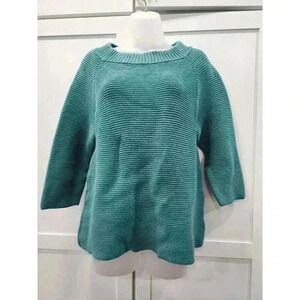 TALBOTS Womens GREEN Ribbed  Sweater Large 100% Cotton 3/4 Sleeve